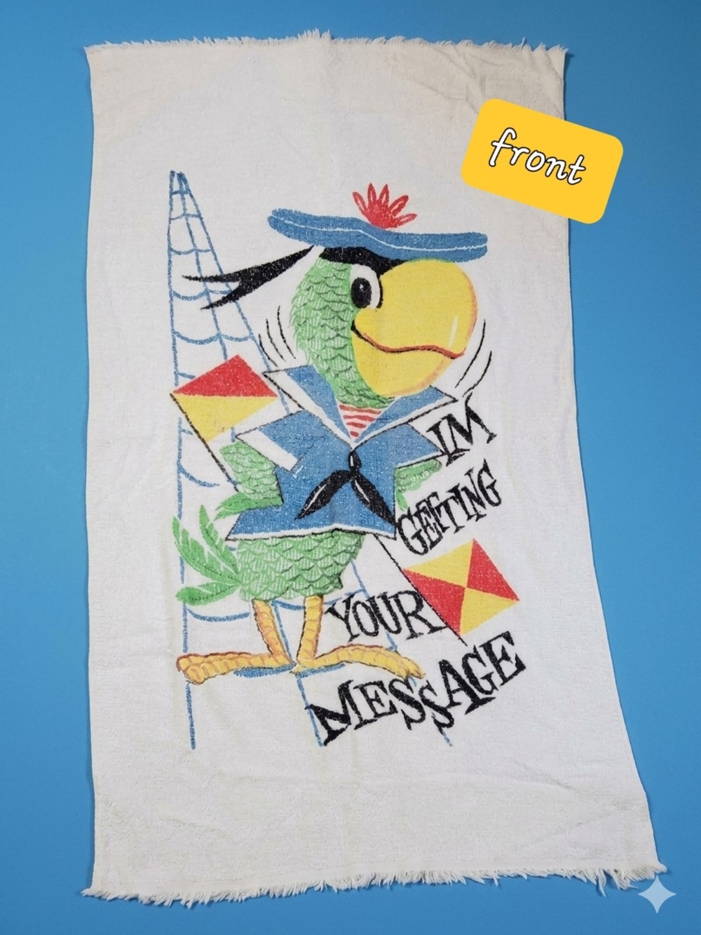 Rare Vintage 1960s Mid-Century Parrot Nautical Semaphore Terry Cloth Towel 28x51